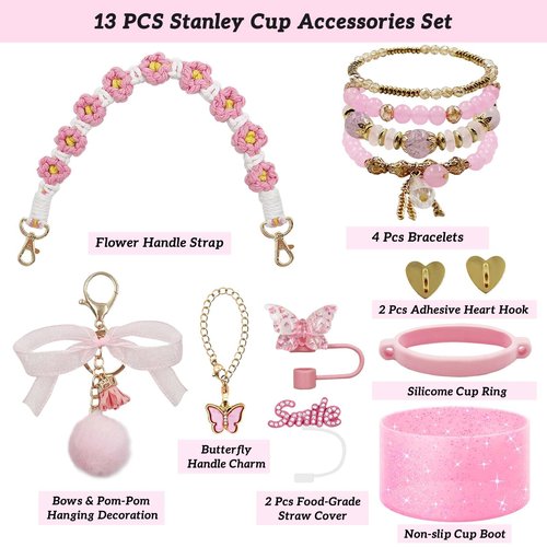 SNAIL GARDEN 13Pcs Accessories Set for Stanley Cup Include Beads Bracelets,Straw Covers,Cup Boot, Hanging Charms, Heart Hooks, Handle strap Cup Ring,Pink Stanley Cup Accessories Set for 30/40oz