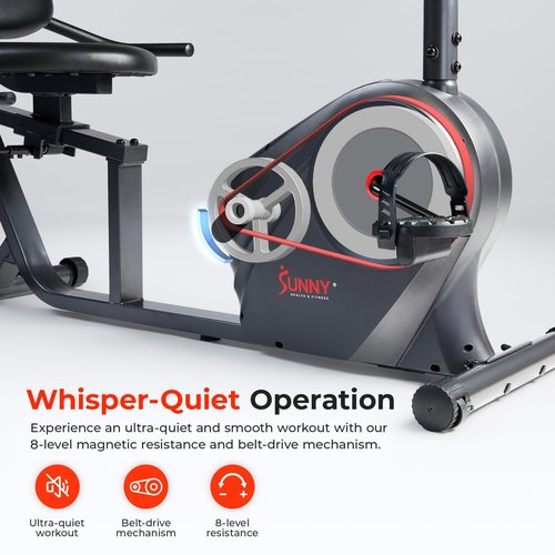 Sunny Health & Fitness Heavy-Duty Recumbent Smart Bike, Wide Cushioned Seat & Back, Cycling Workout Machine, Bicycle Exercise for Adult/Seniors at home, Exclusive Free SunnyFit App Bluetooth Link