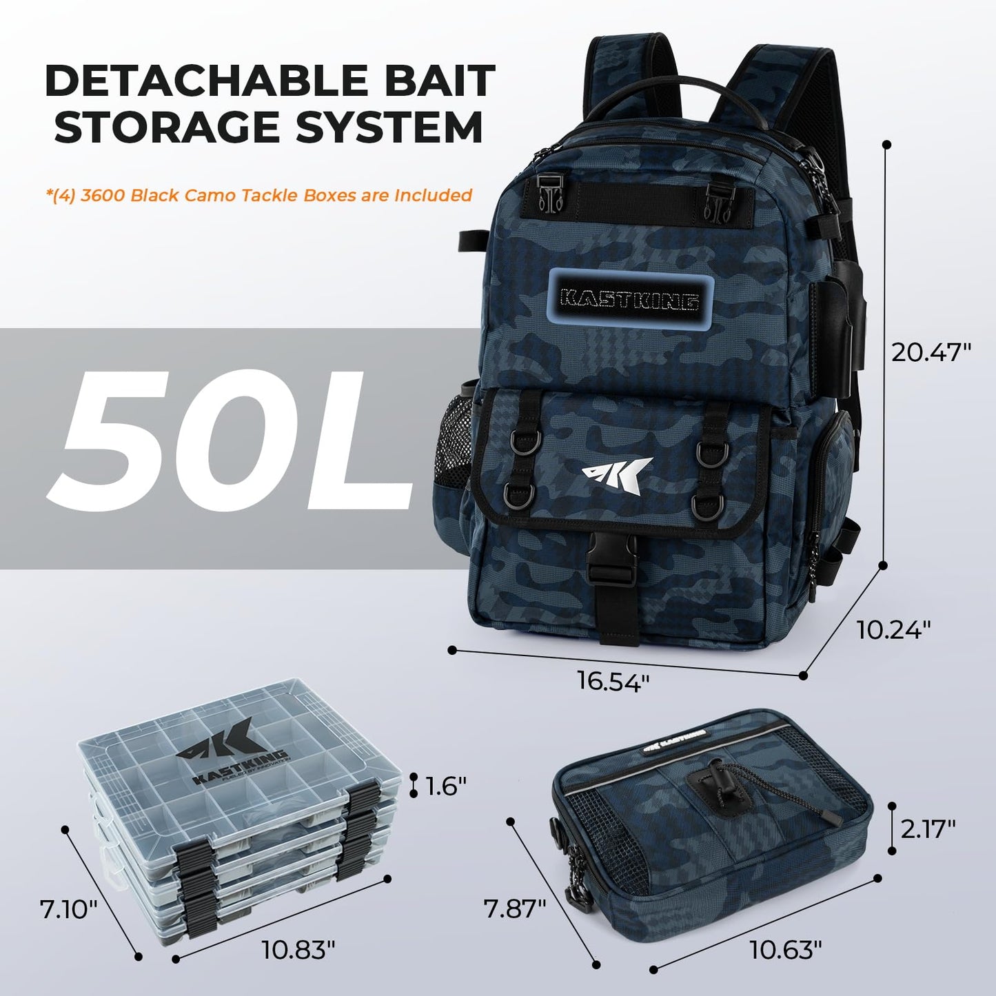 KastKing BaitSpace 50L Fishing Tackle Backpack with Removable Bait Binder & 4 Tackle Boxes,2 Rod Holders Storage Fishing Gear and Equipment,Blue Camo