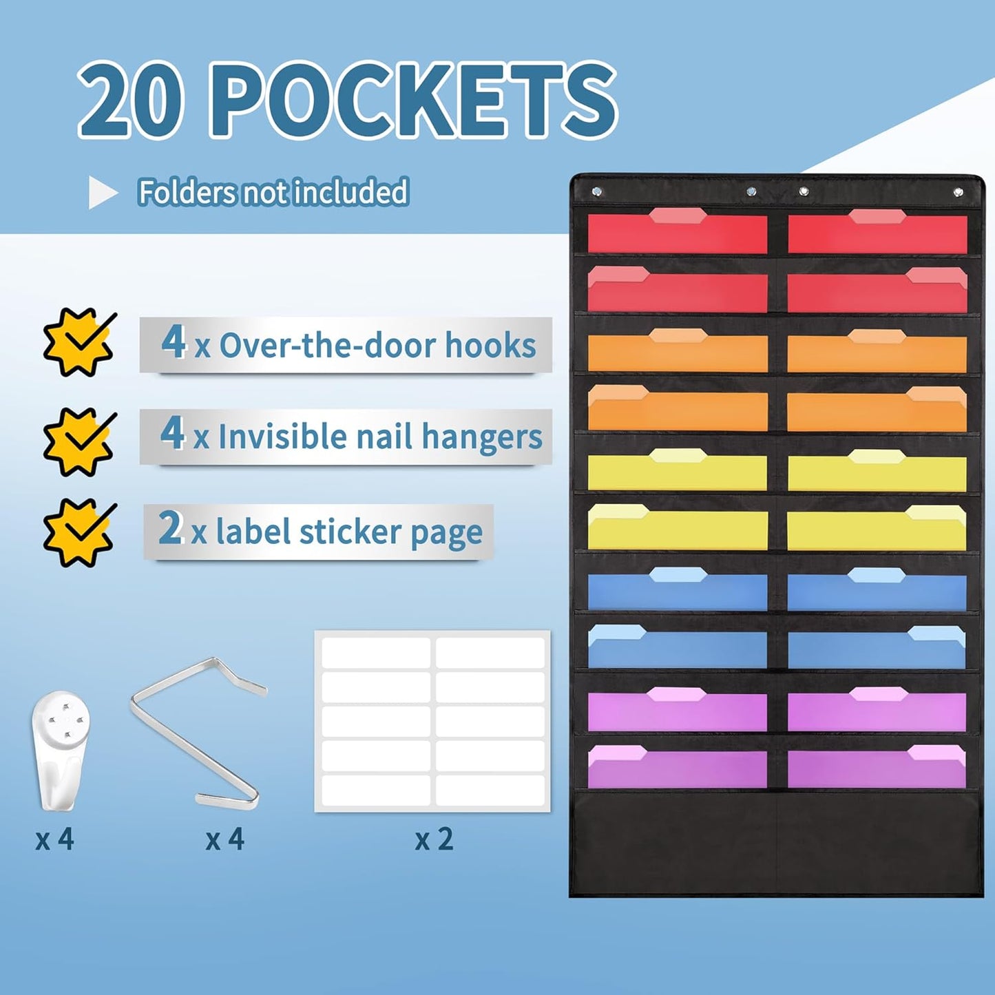 Annecy 10 Pockets Hanging Wall File Organizer, Black Storage Pocket Chart for File Folder and Paper, Space Saver for Office and Classroom, with Wall Hangers, Over The Door Hooks, Labels