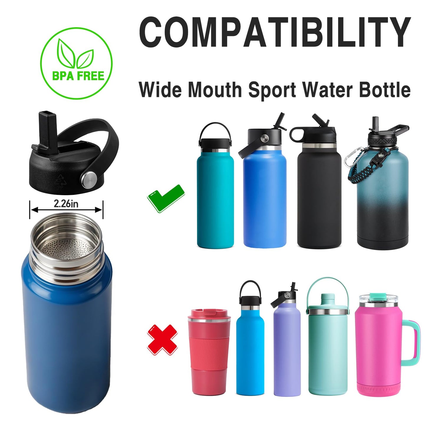 Straw Lid for Hydro Flask, Lids with Straw Compatible with Hydro Flask Wide Mouth 12/18/20/32/40 oz Water Bottles, Leak-Proof Drinking Cap with Replacement Straw, Durable Sport Bottle Lid Accessories