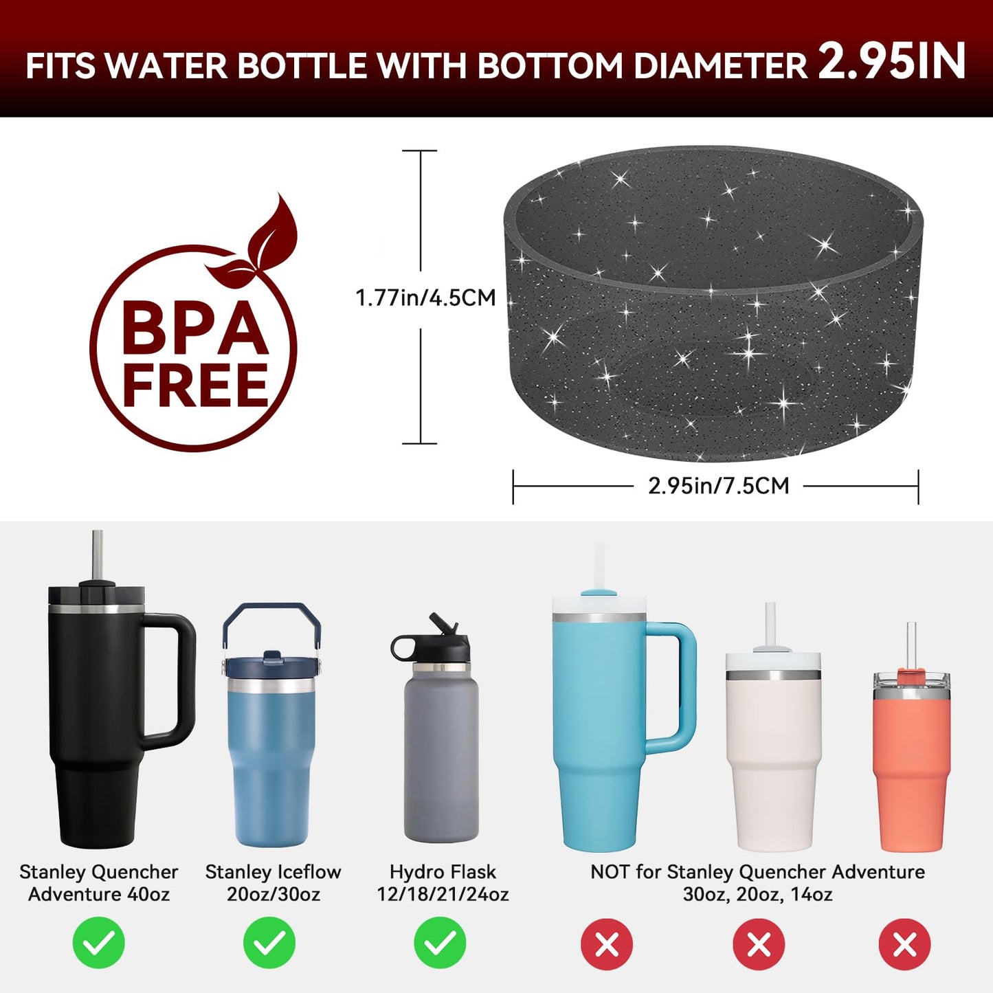 2PCS for Stanley Boot, Silicone for Stanley Cup Boot 20-40oz&for Hydroflask Boot 12-24oz Glitter for Tumbler Accessories Bottom Protector, Black