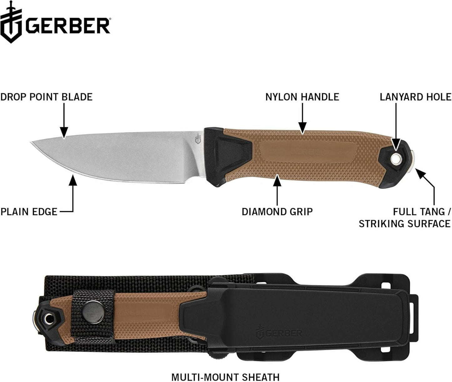 Gerber Gear StrongArm Knife - Fixed Blade - Tactical Knife for Survival Gear - Full Tang, 420HC Steel Blade - Camping Survival Knife - Made in USA - Plain edge, Coyote Brown