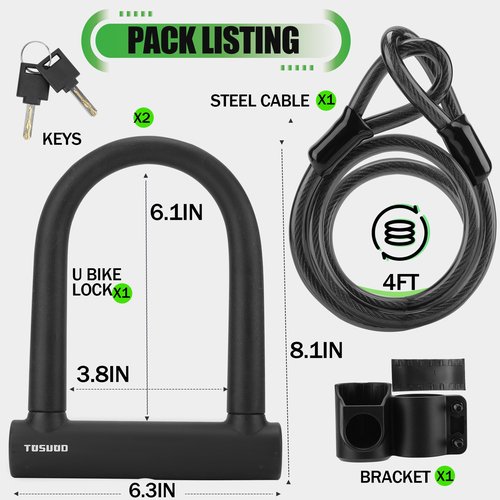 TOSUOD Oversized Bike U Lock Set Heavy Duty Anti Theft Bike Lock with 4FT Steel Cable Bicycle U Lock with Keys Mounting Bracket for Road, Mountain, Electric & Folding Bike