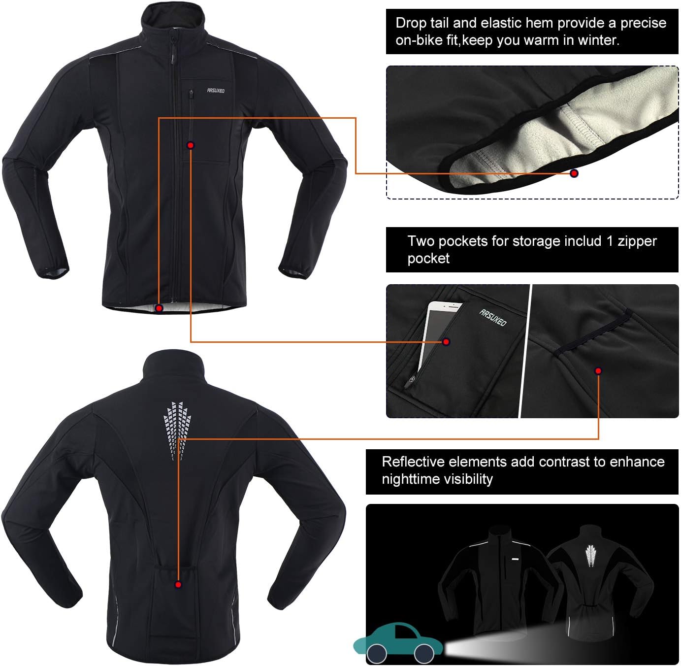 ARSUXEO Winter Warm UP Thermal Softshell Cycling Jacket Windproof Waterproof 15-k