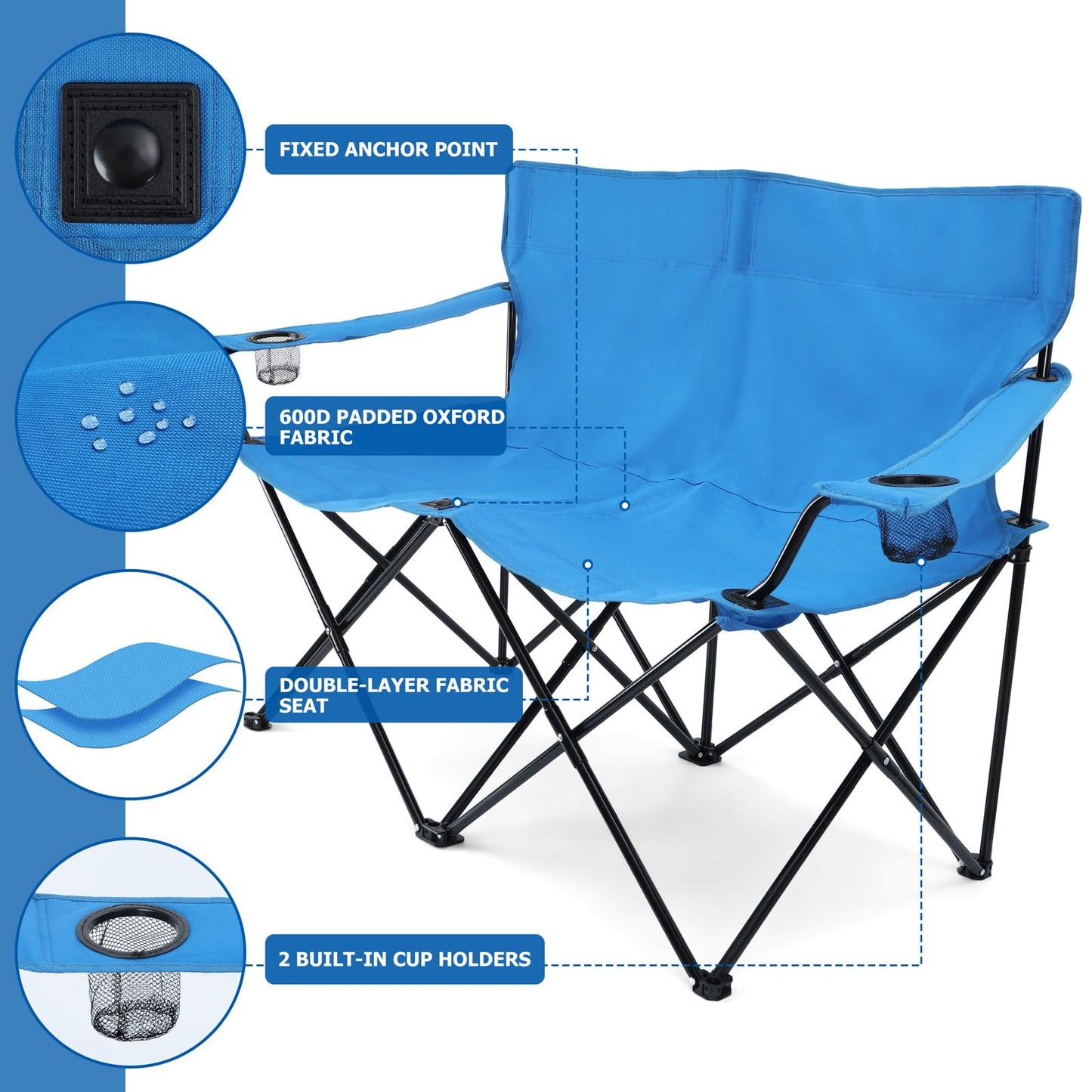 Leonyo Double Folding Camping Chair with Grey Table, Outdoor Portable Loveseat Lawn Chairs for Adults with Camping Table with Carrying Bag for Beach, Backyard