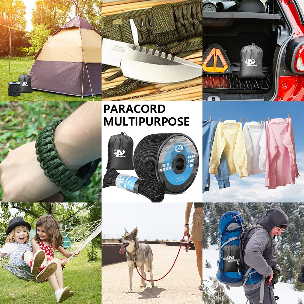 750Ib Reflective Paracord Rope, 1000', 4mm 11 Strand Parachute Spool Cord with Collecting Bag, para Cord Lanyard for Clothsline, Hammock, Camping, Hiking and Survival