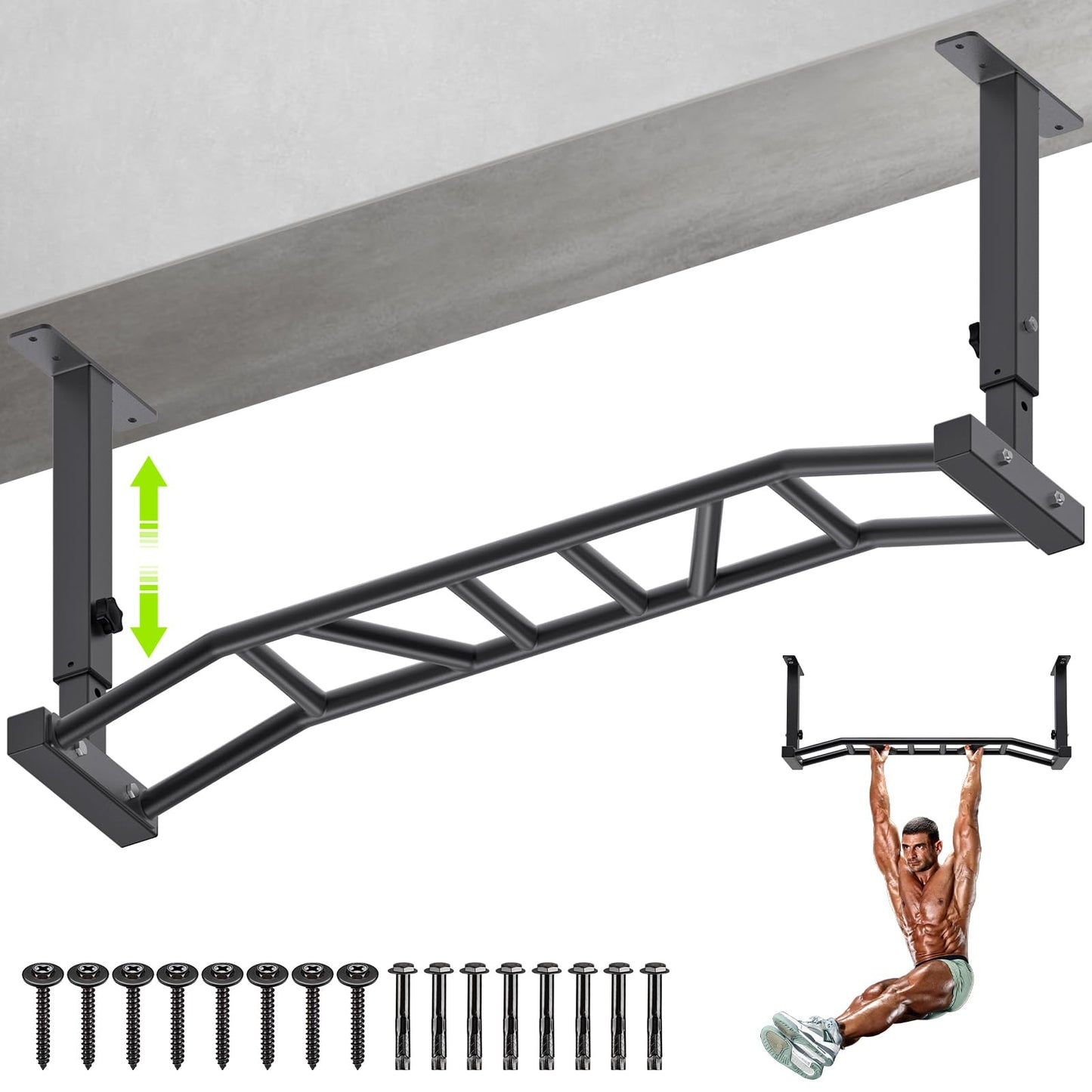 Kipika 48" Ceiling Mounted Pull Up Bar, Heavy Duty Multi-Grip Chin Up Bar,Mounted Pull Up Bar,Height Adjustable, Ideal for Home Gym and Strength Training