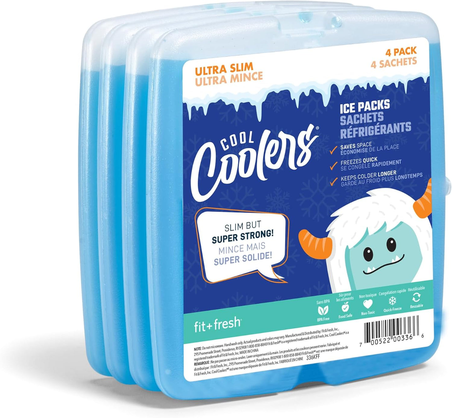 Cool Coolers By Fit & Fresh 4 Pack Slim Ice Packs, Quick Freeze Space Saving Reusable Ice Packs for Lunch Boxes or Coolers, Multi Colored, Single Pack