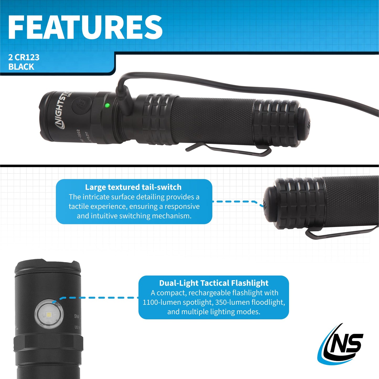 Nightstick USB-588XL Metal USB Dual-Light Tactical Flashlight - White Spot - White Flood - Li-Ion - Black