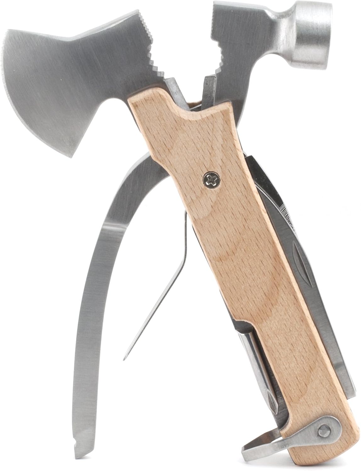 Kikkerland 10 in 1 Pocket Compact EDC Gear Equipment Stainless Steel Multi-Tool, White, Wood Handle, for Outdoors, Camping Tool Accessories Survival