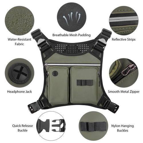 Pvnoocy Chest Bag for Men, Waterproof Running Pack with Water Bottle & Phone Holder, Lightweight & Adjustable EDC Bag for Workouts, Running, Fishing, Cycling (Olive)