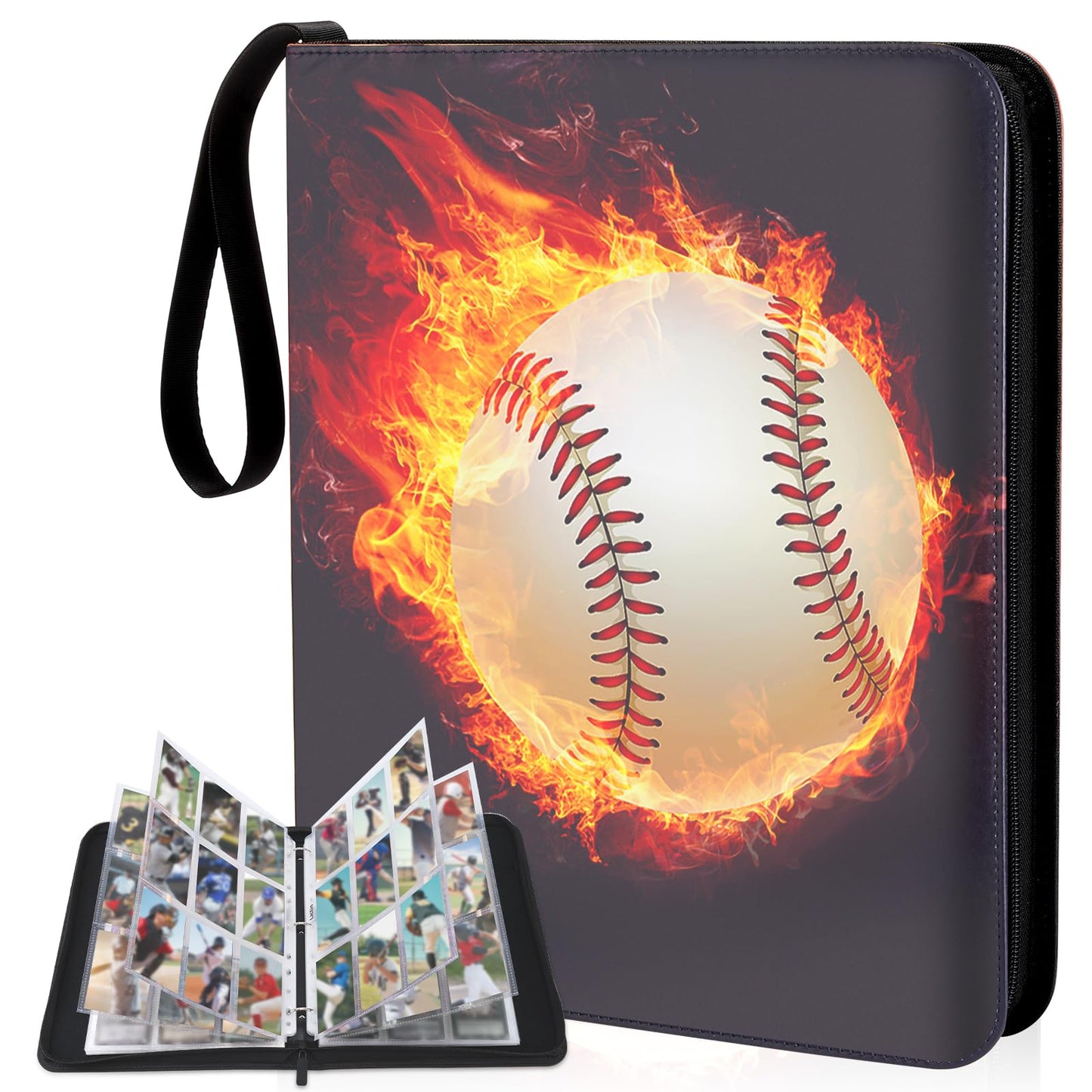 Baseball Card Binder 810 Pockets - Lictin Baseball Card Holder, Collectible Trading Card Albums with 45 Removable Sleeves (Baseball-Fire)