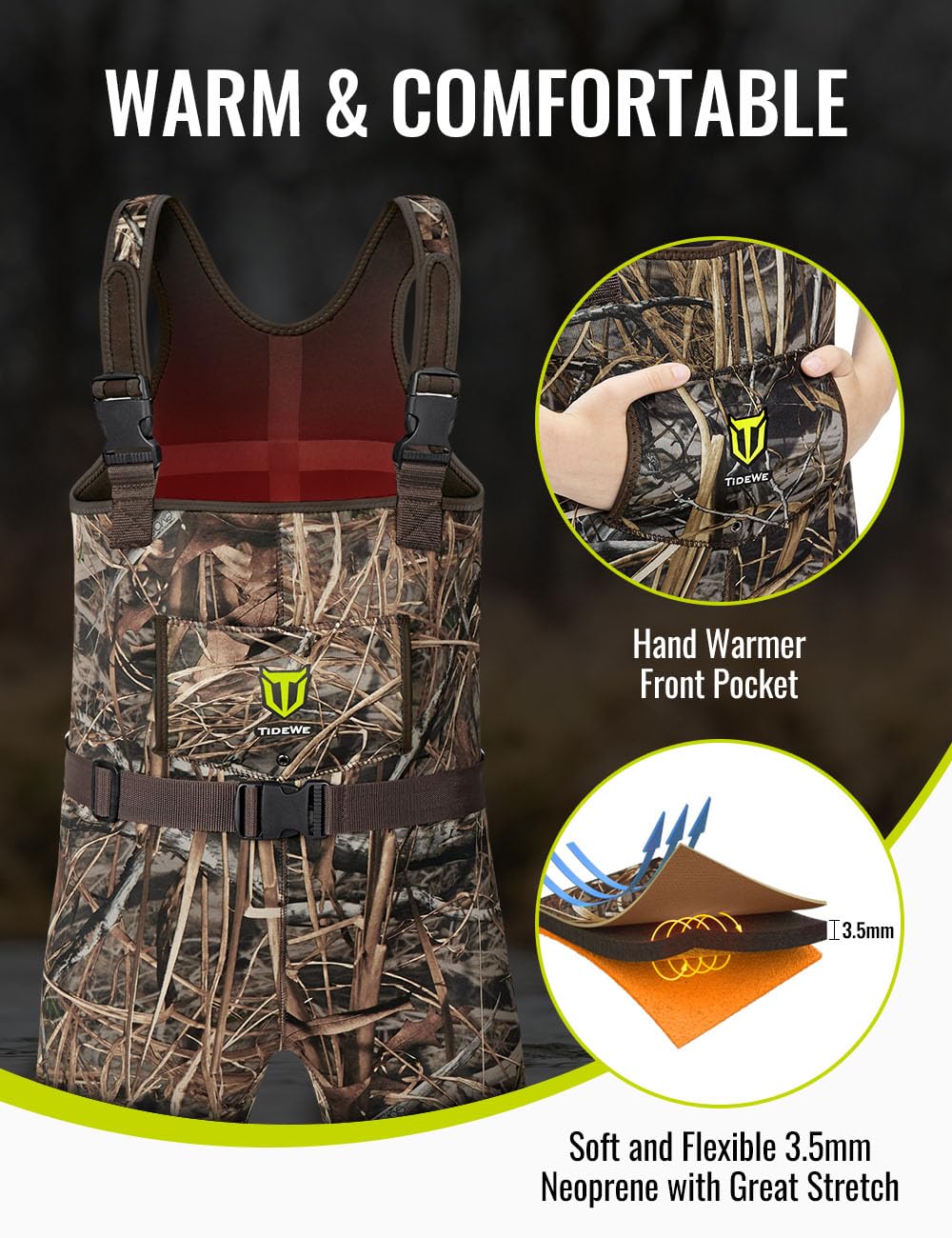 TIDEWE Chest Waders for Toddler & Children, Neoprene Waterproof Insulated Hunting & Fishing Youth Waders for Boy and Girl, Cleated Bootfoot Kids Wader, Next Camo Evos (Size 6)