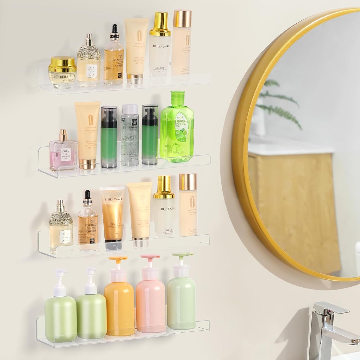 4 Pack Acrylic Shelves for Wall Storage, 15" Floating Bookshelves for Kids, Display Shelf Organizer for Bathroom, Bedroom, Living Room Decor, Kitchen, Clear