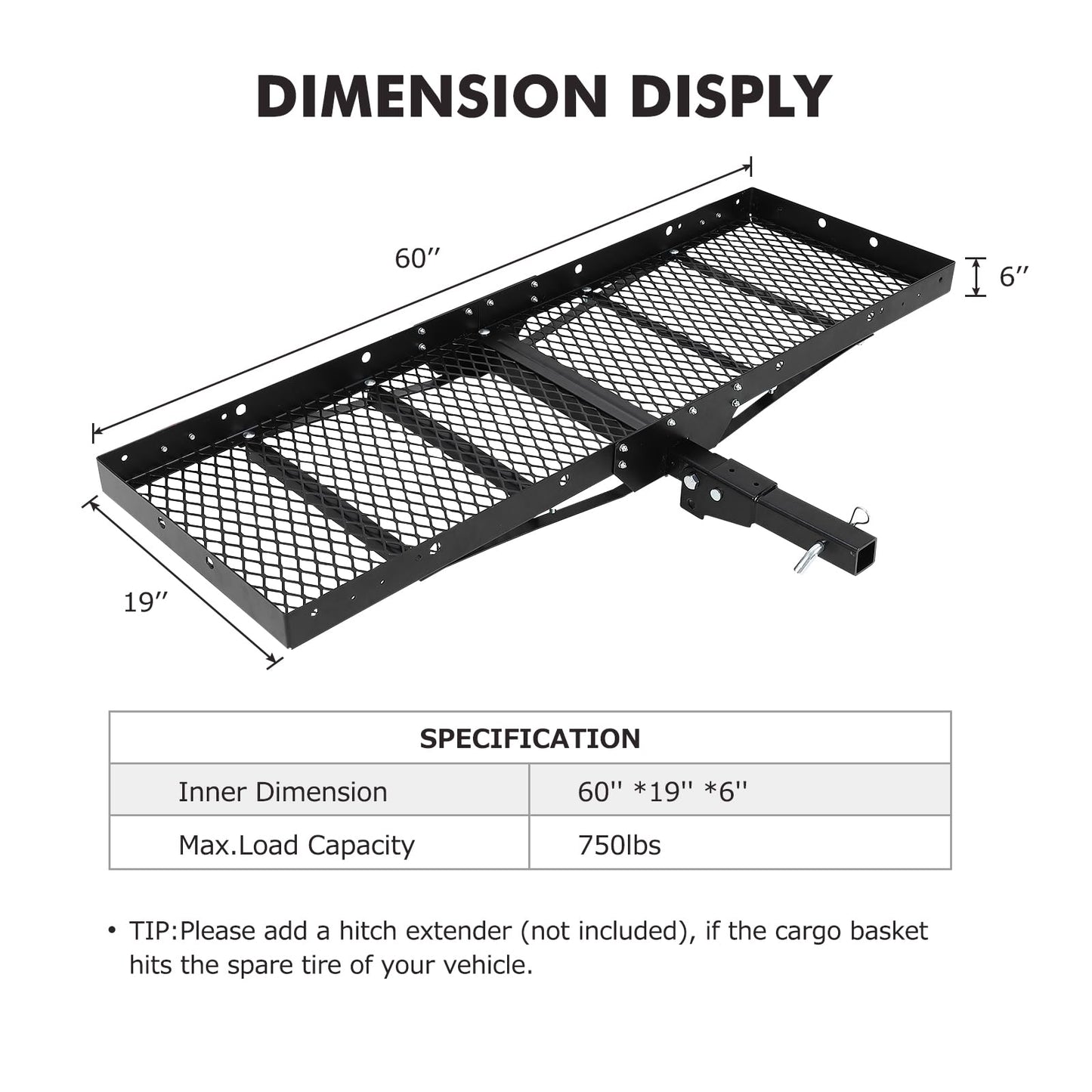 GarveeTech 750 Lbs Hitch Mount Cargo Carrier Basket 60" x19" x 6", Rear Luggage Rack Basket Fits 2" Receiver for Car Camping Traveling, Black Cargo Carrier Basket