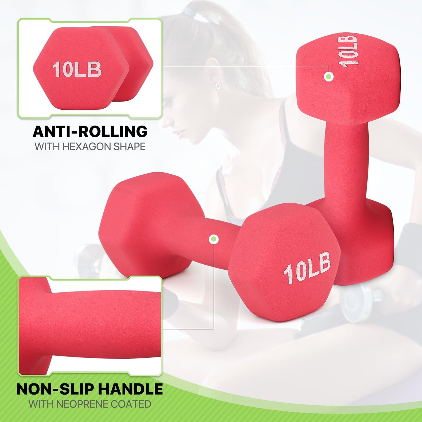 10 LB Dumbbells Set, Neoprene Coated Free Weights for Strength Training, Full-Body Workouts and Home Gym, Hex Shape for Stability (Pair, Burgundy)