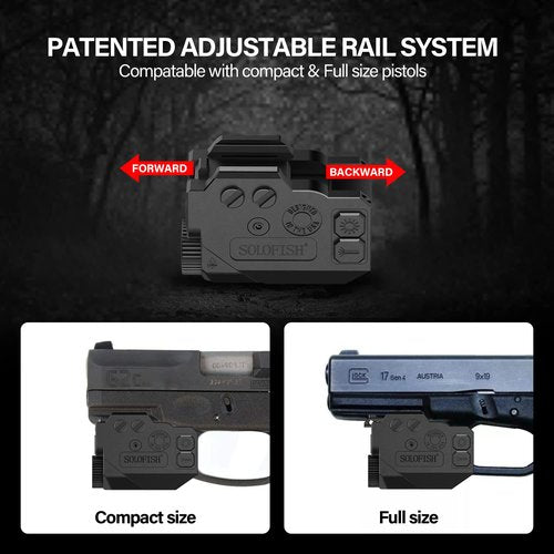 SOLOFISH 500lm Pistol Light Laser Combo with Strobe & Memory, Slidable Blue Green Laser and Gun Light Fits Compact & Full Size Rail (Laser Output is <5mW, Class IIIA)