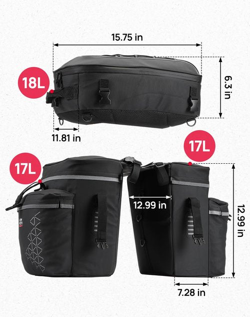 KEMIMOTO Bicycle Panniers Combo 3-in-1, Bike Saddle Grocery Bag with Waterproof Rain Cover, 52L Large Capacity Storage Cargo Cycling Backpack, Mountain Road E-bike Trunk Bag, Black