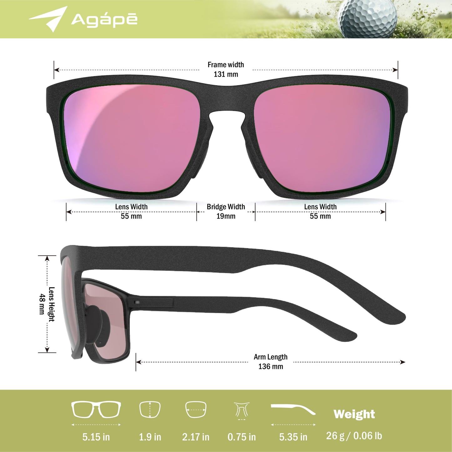 agape Birdyx™ Polycarbonate Red Lenses Polarized Anti-glare Golf Sunglasses Sport Glasses for Men Women, UV400 protection, for pickleball running fishing hiking, Carbon Frame, Noir Black Mirror