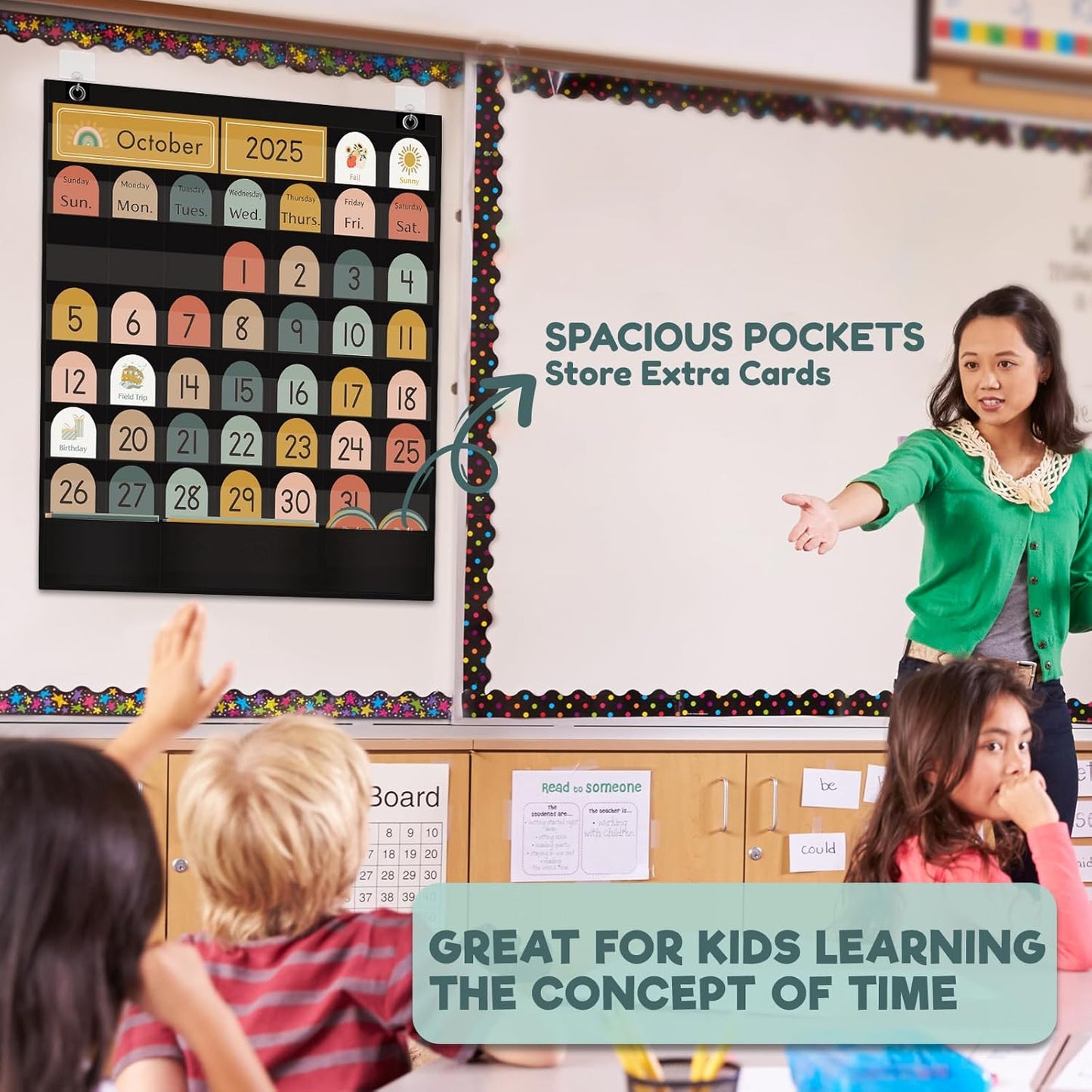 Classroom Monthly Calendar Pocket Chart for Kids Learning, 105 Cards Wall Boho Calendar and Weather, Teacher Supplies for Kindergarten Preschool Elementary Homeschool
