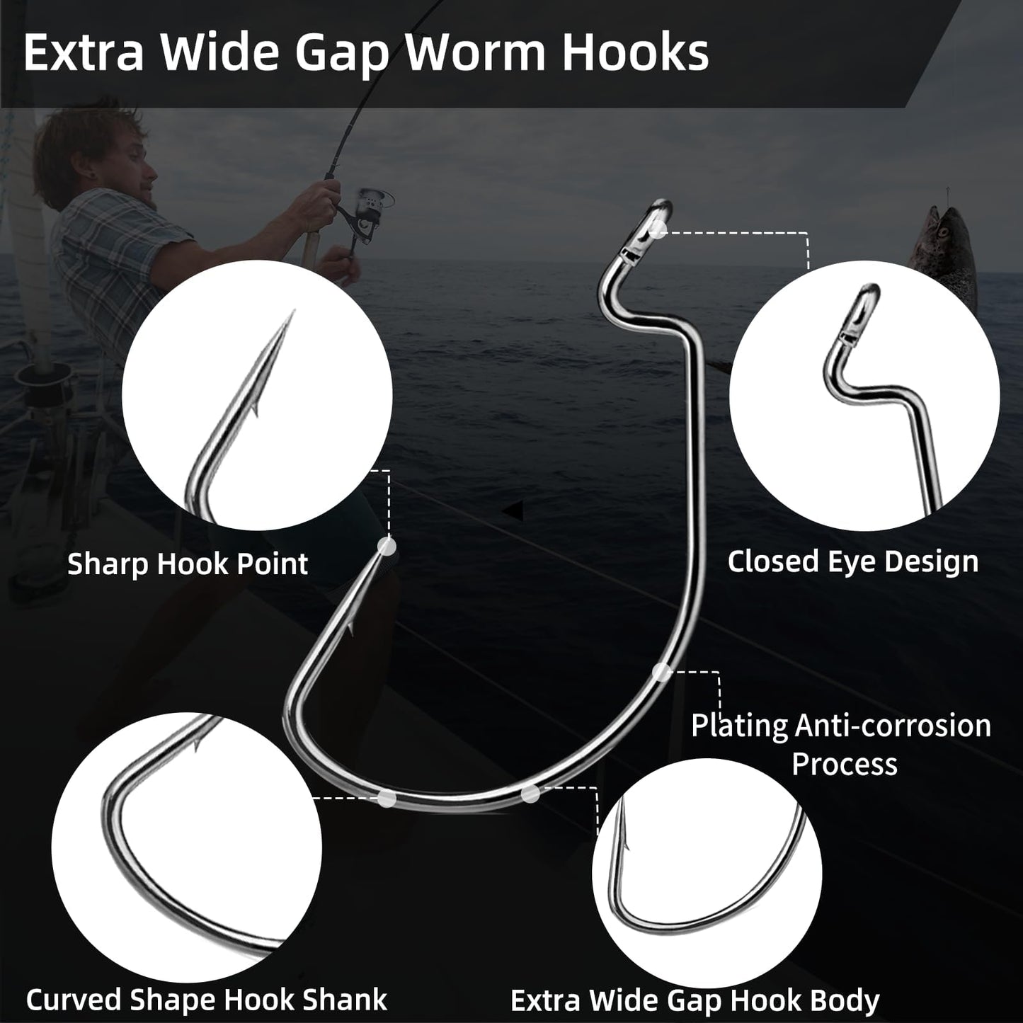 FishTrip EWG Hooks for Bass Fishing-50pcs Offset Worm Hook Texas Rig Hooks for Freshwater Saltwater Size 3/0