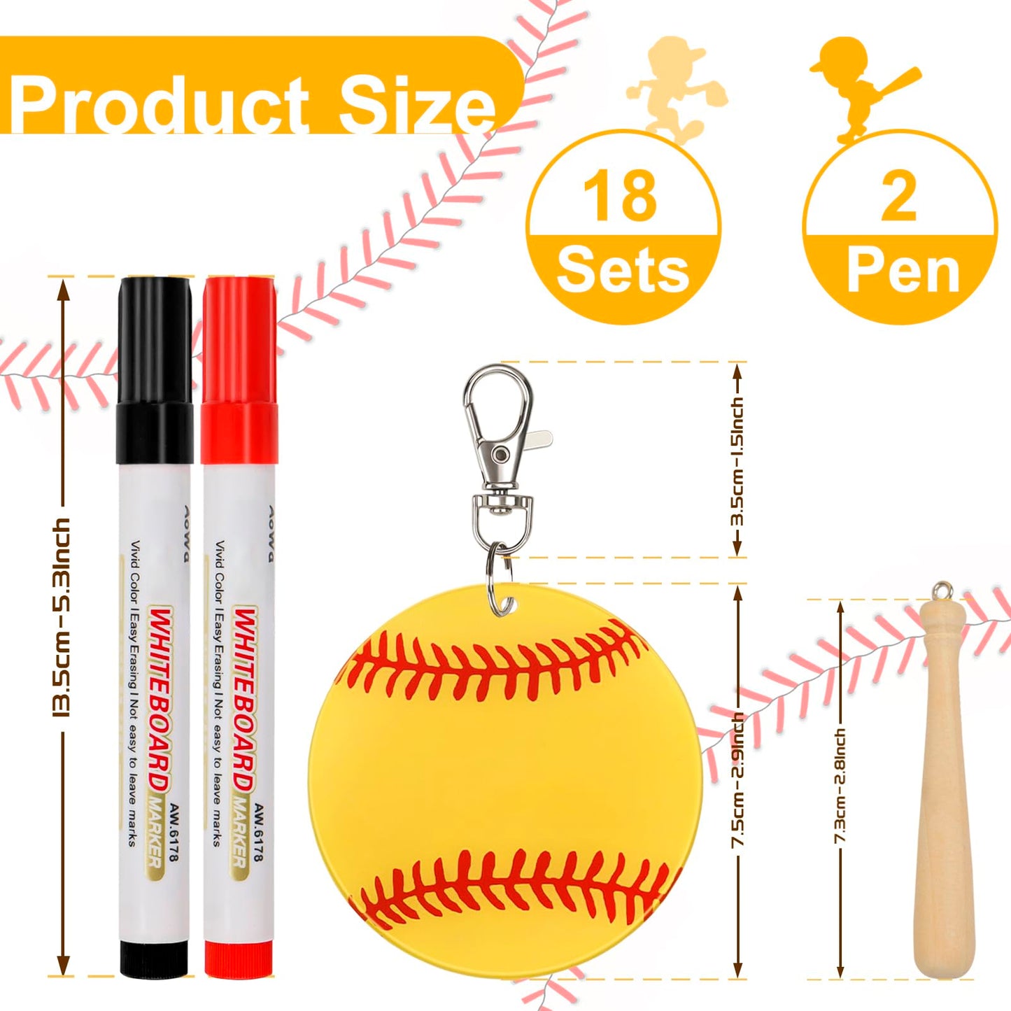 18 Sets Baseball Softball Acrylic Keychain Blanks Kit, AUHOKY 18Pcs Acrylic Baseball Blanks with 18 Miniature Softball Wood Bat, 18 Swivel Snap Keychain Hooks, 2 Pen for DIY Sports Party Favor(Yellow)