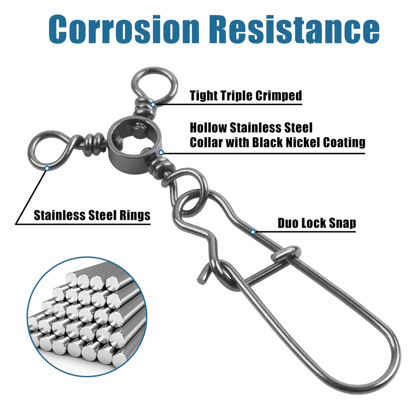 3 Way Snap Swivels 60PCS Fishing Swivel Tackles with Stainless Steel Duo Lock Snaps 26-83LB Round T Shape Fishing Lure Connectors for Saltwater Freshwater Catfish Rig Trolling Line