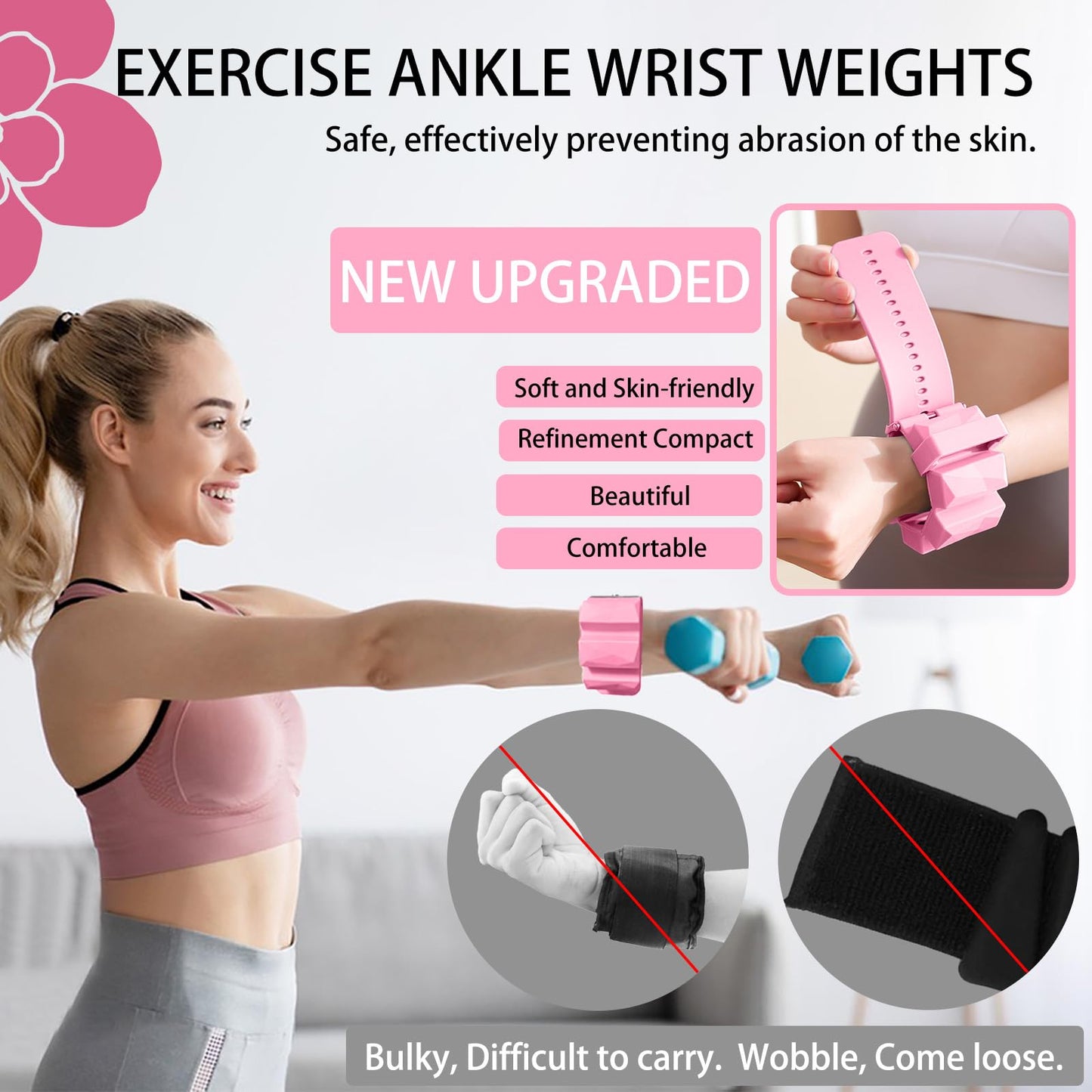 ANYEEK Pink Ankle & Wrist Weights: Adjustable 2lbs (1lb Each) for Women & Men - Walking, Pilates, Yoga Workout at Home - Hand Weights for Women at Home, Set of 2 (1lb Each)