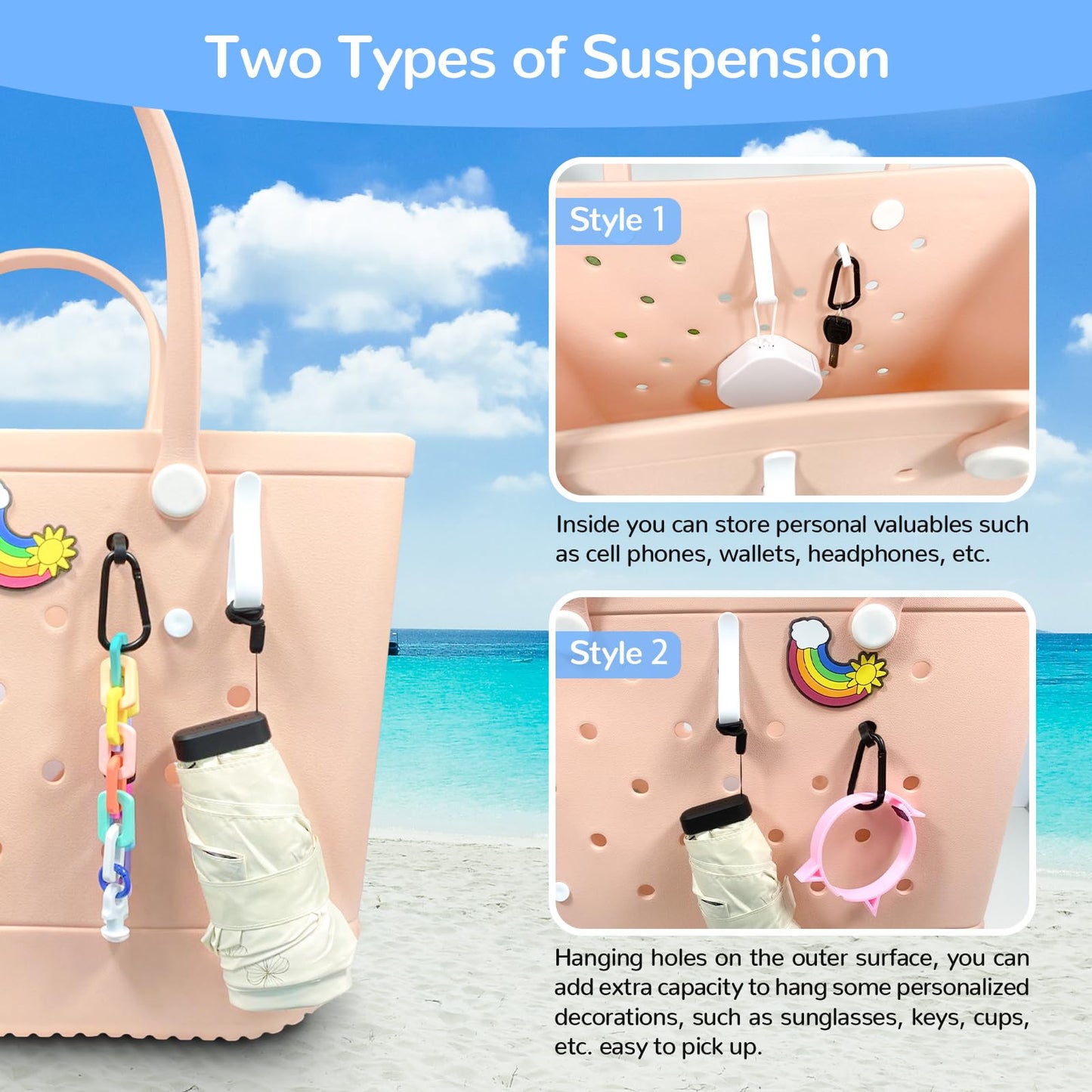 4Pcs Hooks Set Accessories Compatible for Bogg Bag, Insert Carabiner Key Chain Holder Charms, Compatible for Small & Large Beach Bags