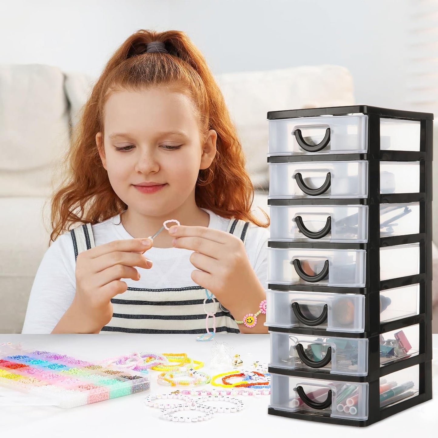 LANIAKEA 2PCS Plastic Drawers Organizer 13.7x5.1x6.7inch Stackable Plastic Drawer Storage Containers with 7 Clear Drawer Units Desktop Storage for Craft, jewelry (Black)