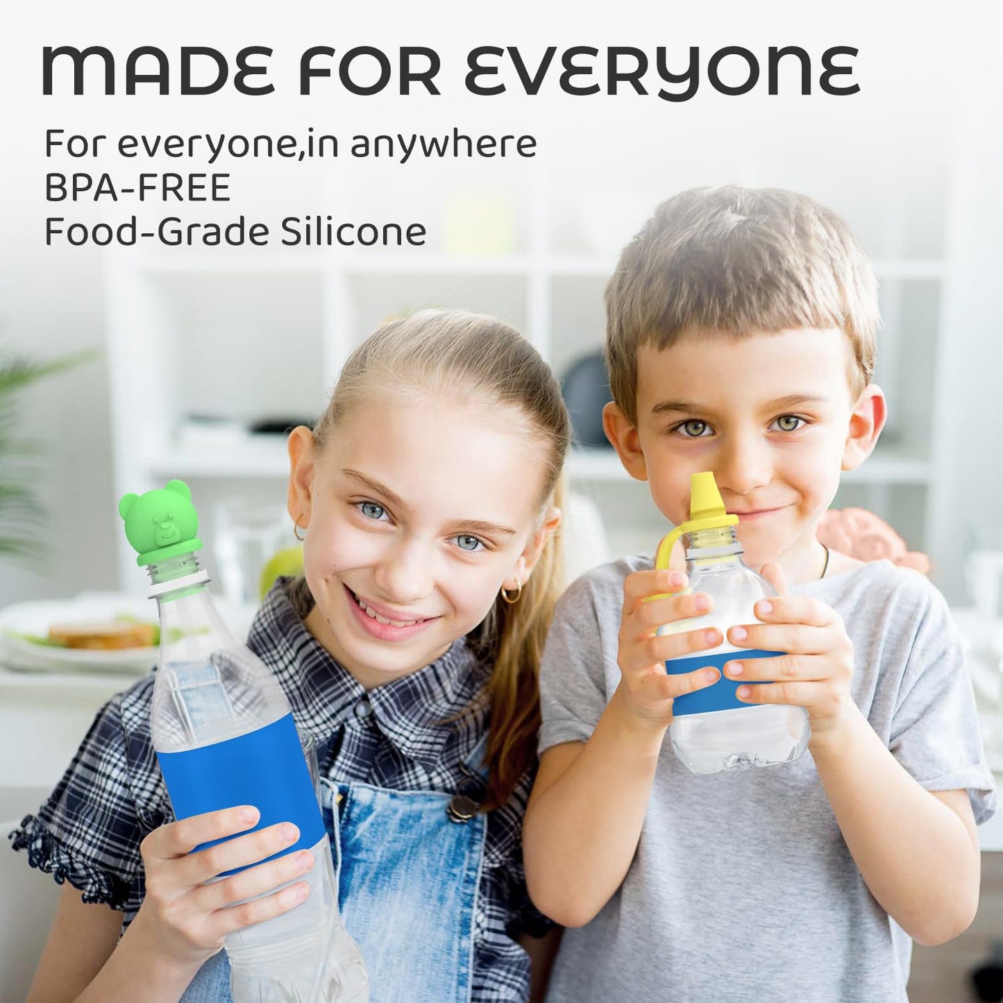Giichen No Spill Water Bottle Caps - BPA Free Silicone Top Protects Child's Mouth, Replacement Spout Adapter for Toddlers to Adults - 4 Pack (Blue, Green, Yellow, Orange)