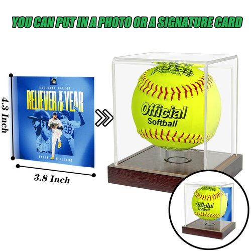 UV Protected Softball/Baseball Display Case with Hard Solid Wooden Base - Holds 11/12 inch Balls, 4x4 Photo Slot & Ring Holder (4x4x4.8inch)