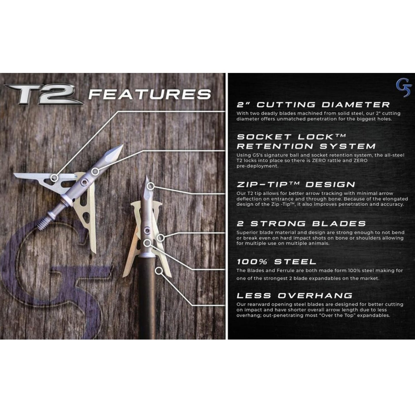 G5 T2 100-Grain 2-Blade Expandable Broadheads, 3-Pack | Durable Steel Archery Broadheads with Large 2" Cutting Diameter & Socket-Lock Retention System