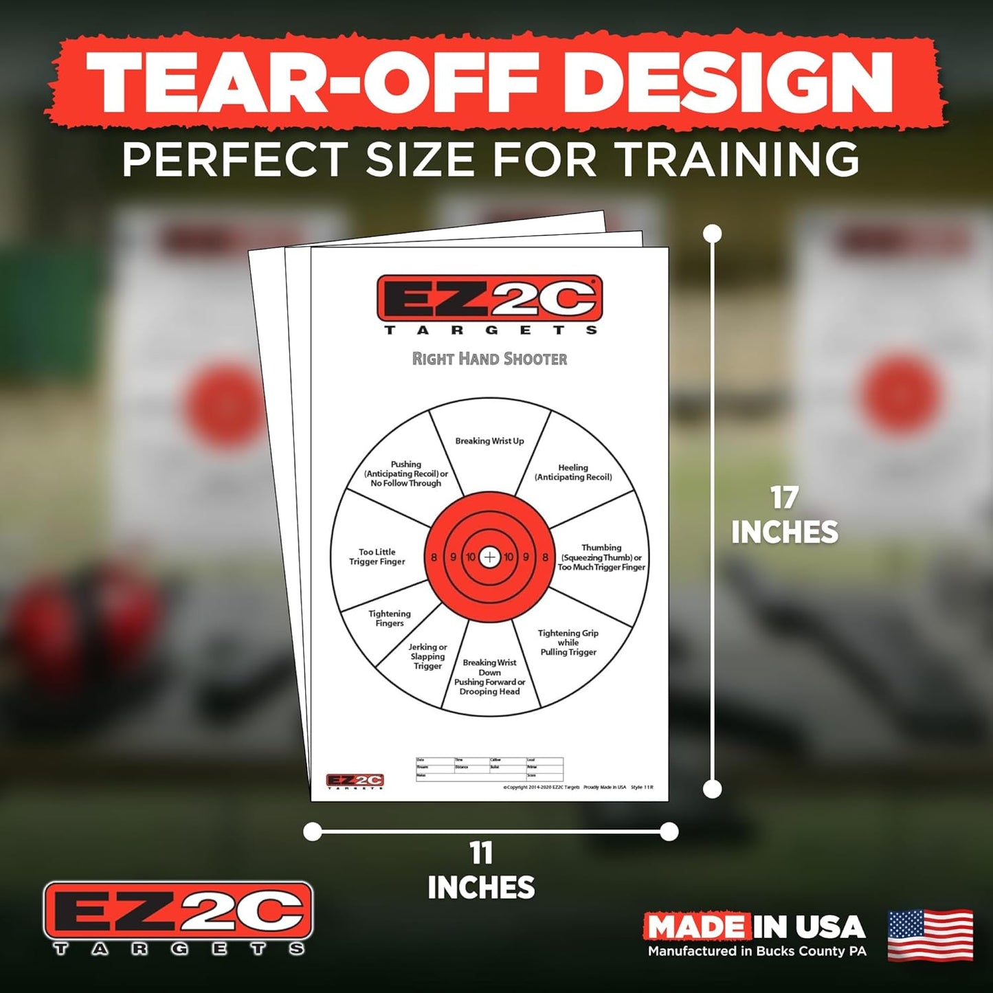 USA Made EZ2C Right Hand/Left Hand Shooting Range Diagnostic Training Paper Target 11"x17" Tear-Off Pad of 25