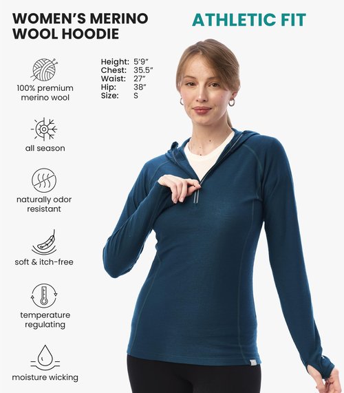 Merino.tech Merino Wool Hoodie Women - Slim Fit 100% Merino Wool Base Layer Women Half Zip Thermal Long Sleeve Shirt (Medium, 190 Deep Teal)
