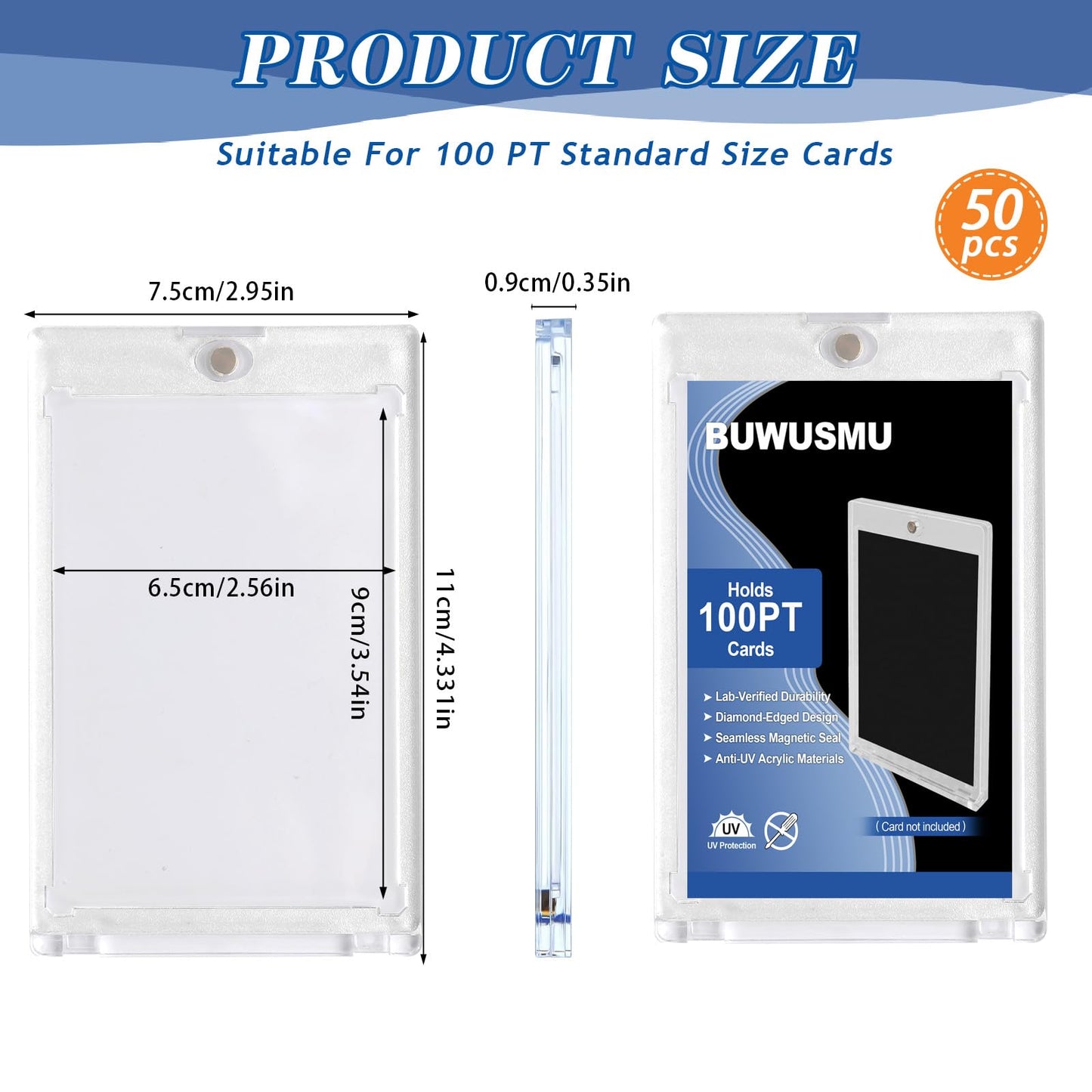 50 Pcs 100 Pt Acrylic Magnetic Card Holders One Touch Card Holder Clear Card Protectors Hard Plastic Magnetic Card Case for Sports Baseball Trading Card Storing Displaying(2.5 x 3.54 Inch)