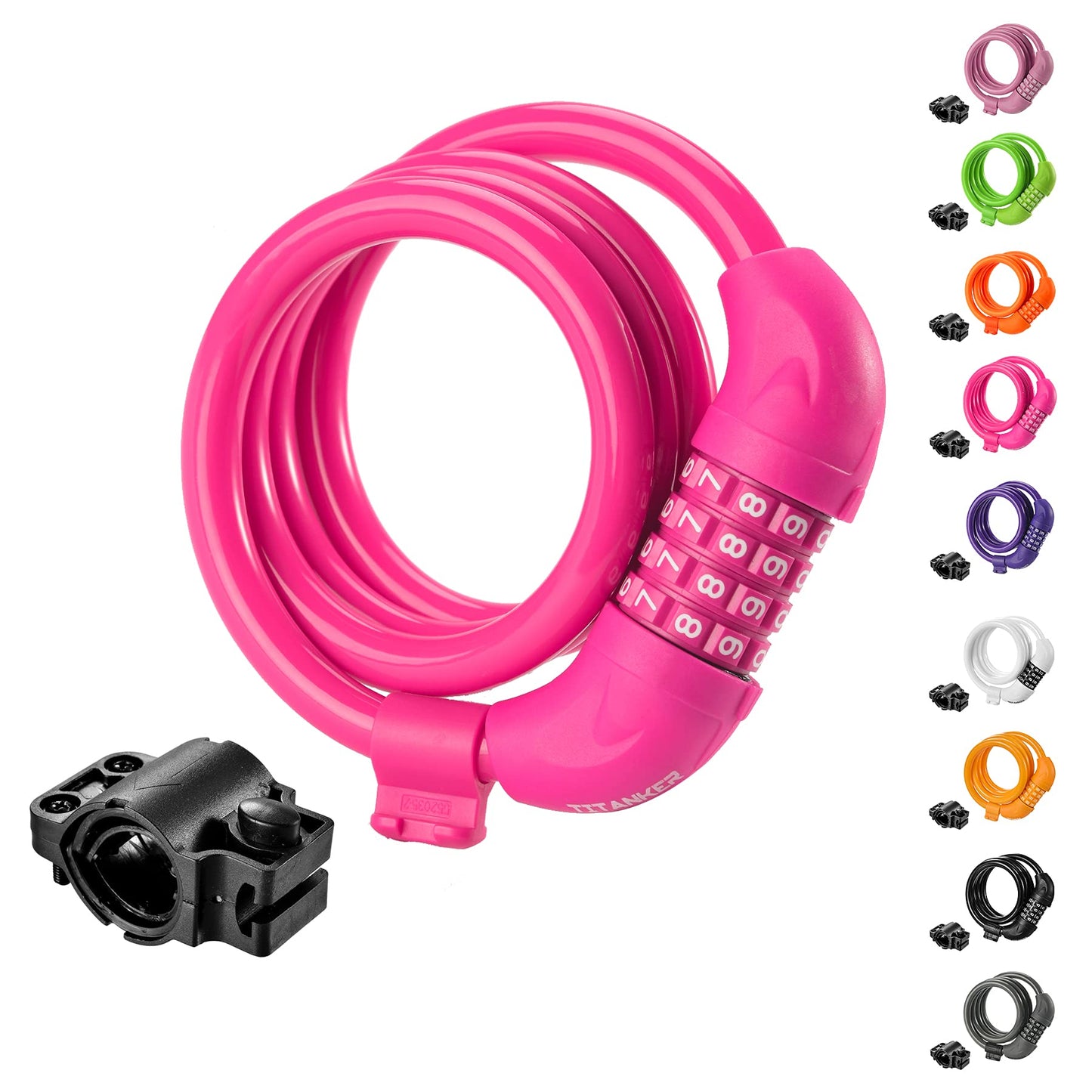 Titanker 2PCS Black Bike Cable Lock (8mm+12mm), 4 Feet Bike Cable Lock Basic Self Coiling Kids Bike Lock Combination with Complimentary Mounting Bracket