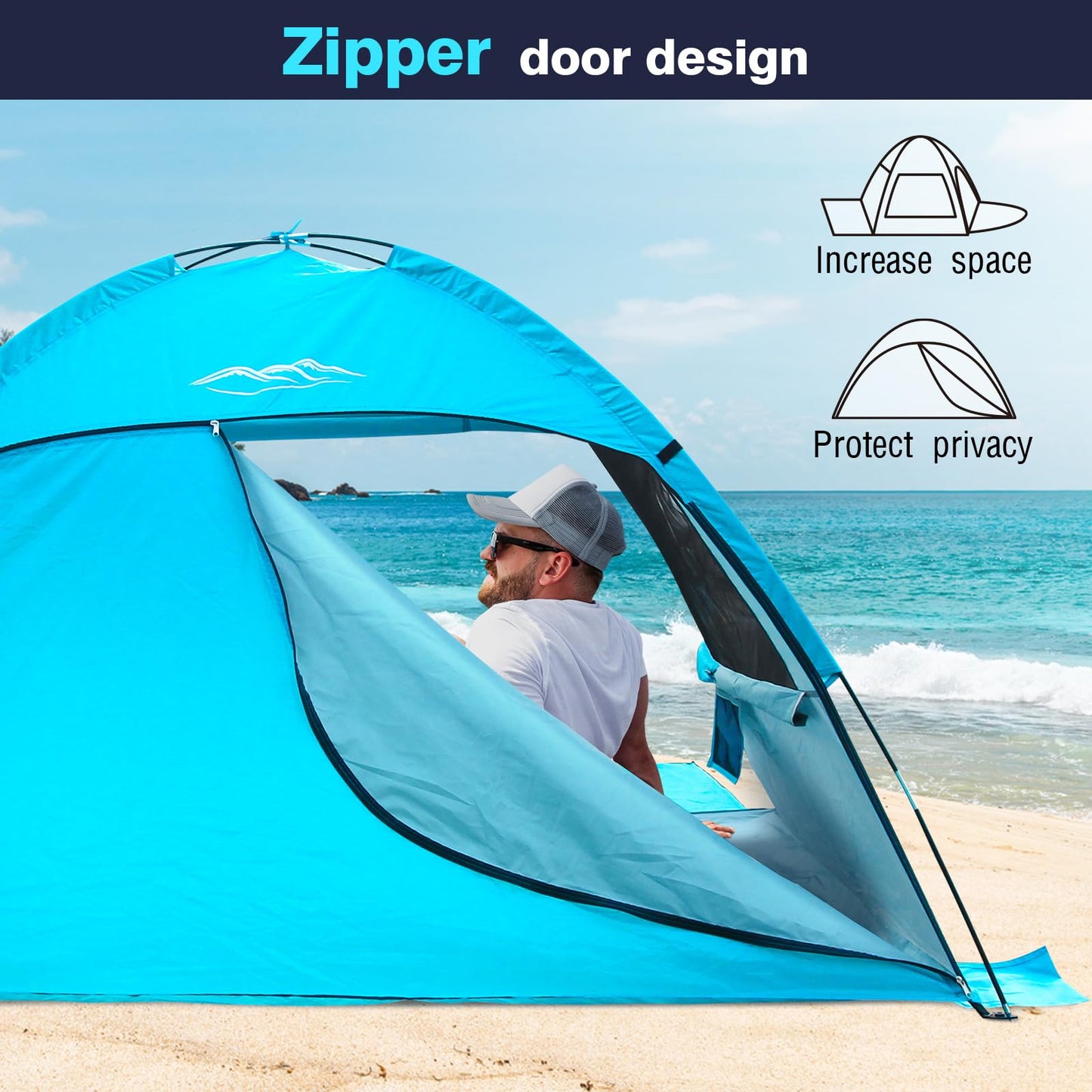DLUCKY Beach Tent for 1/2-3/4 Person,Anti-UV Portable Sun Shade ShelterUPF 50+,Both Sides Extendable Floor,Extendable Awning,with 2 Ventilating Mesh Windows,Lightweight & Easy Setup.