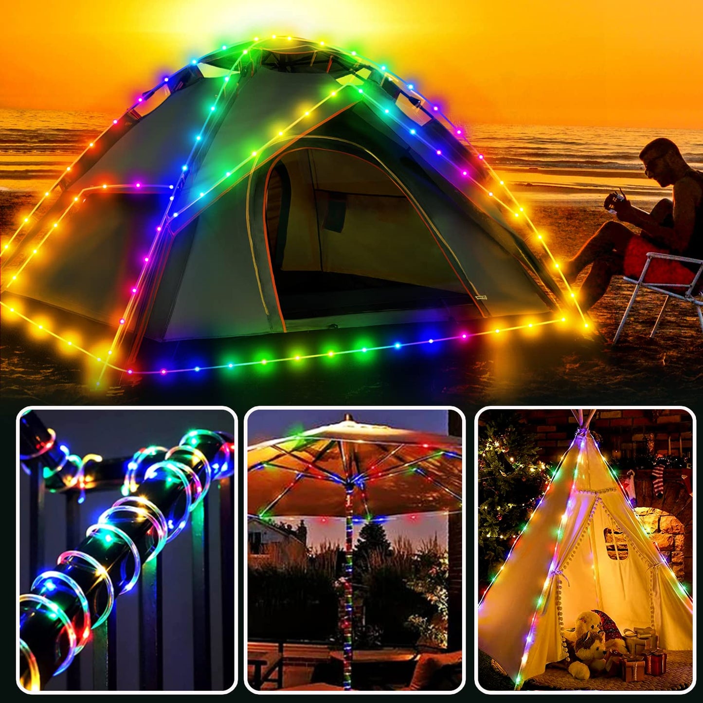 Camping Tent String Lights, 40Ft 120 LEDs 8 Modes Color Changing LED Rope Lights Battery Powered with Remote Control, Outdoor Waterproof LED Tent Light Great for Camping, Canopy, Hammock, Trampoline