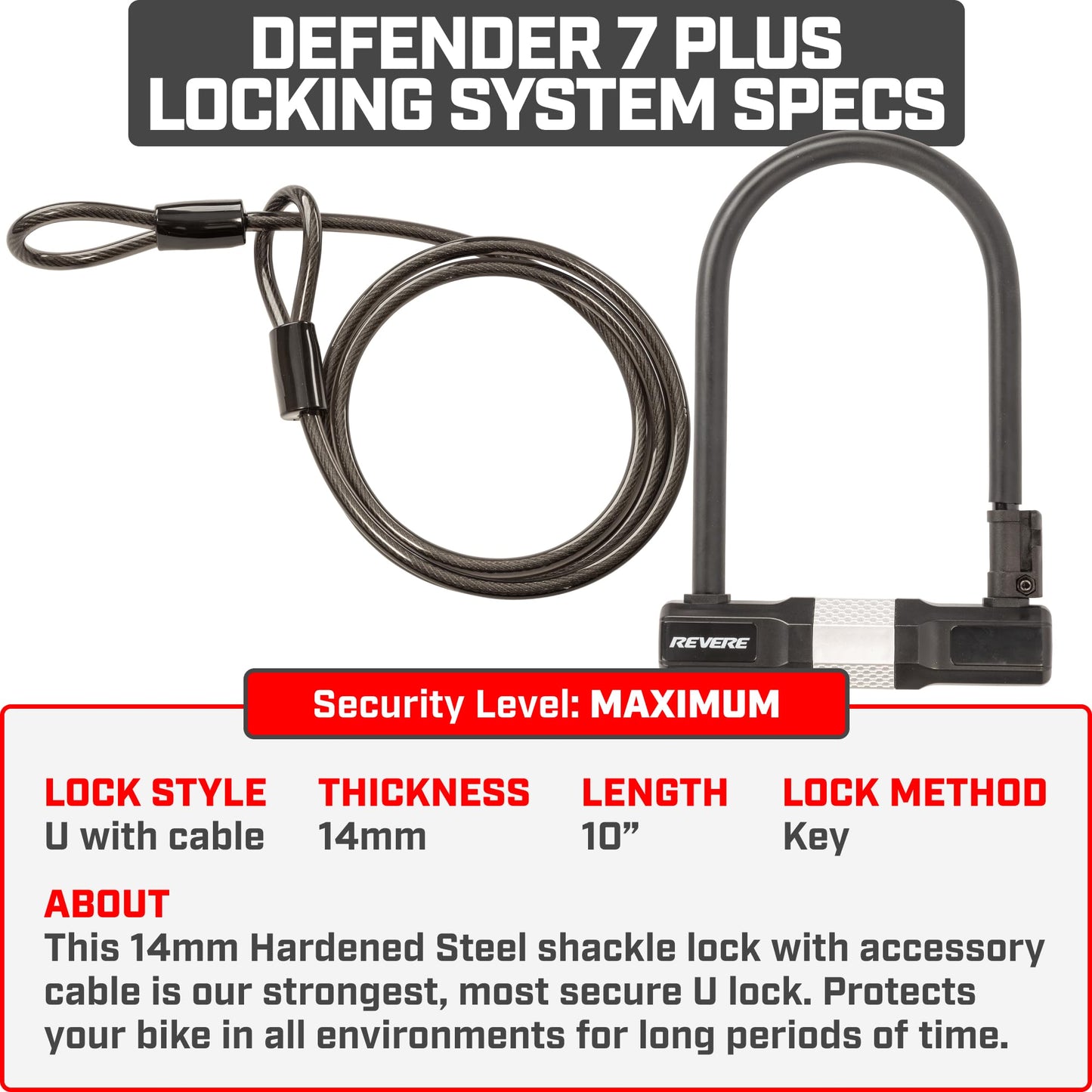Revere USA Bicycle Keyed U-Lock with Extra Long Cable. Heavy Duty Hardened Steel. Protect Your Bike, e-Bike, Scooter or Motorcycle. Includes 2 Keys and Frame Mount. Anti-Mar Finish Ultimate Security.