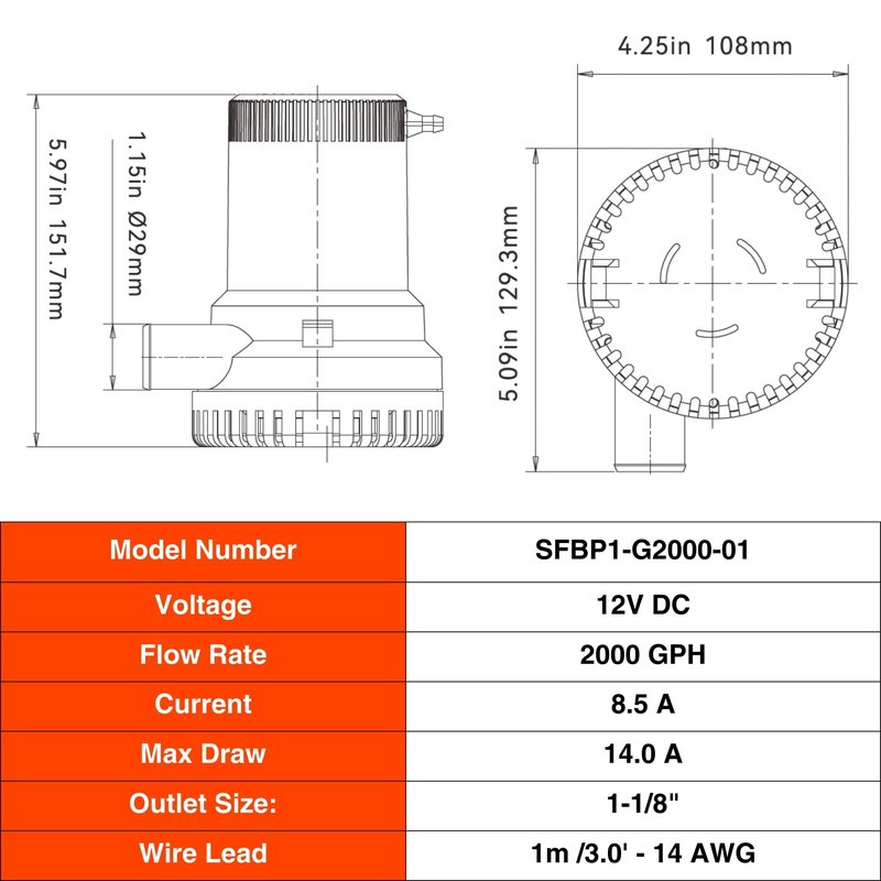 SEAFLO 01 Series 2000 GPH Bilge Pump – 12V, 1-1/8" Outlet, Marine Submersible Pump with Anti-Airlock Protection, CE & Rohs Certified, 4-Year Warranty | Reliable for Boats and Marine Applications