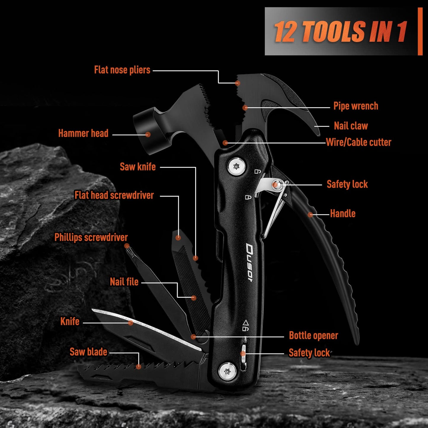 Dusor Gifts for Men 12 in 1 Hammer Multitool, Stocking Stuffers for Men, White Elephant Gifts for Adults, Gift for Dad Who Have Everything, Mens Gift for Christmas, Cool Gadgets for Boyfriend Husband