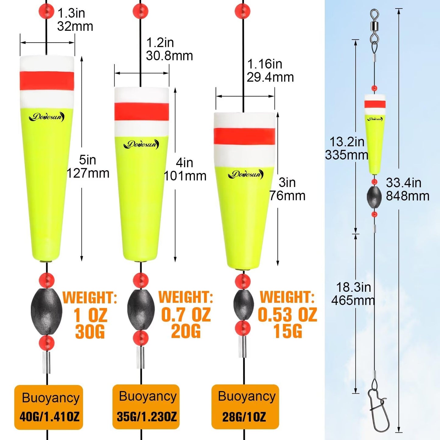 Dovesun Popping Cork Weighted Fishing Bobbers Floats Fishing Corks Popping Corks for Saltwater Freshwater Yellow Float Length-3in & Buoyancy-1oz*3pcs
