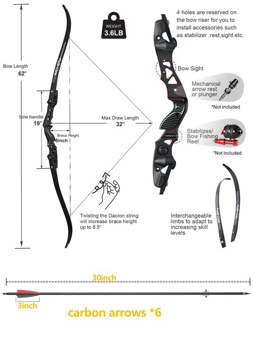 TOPARCHERY ILF Takedown Recurve Bow for Adult & Youth Beginner,Bow and Arrow Set 62" Recurve Hunting Bow for Outdoor Training Practice Right Hand (50lb)