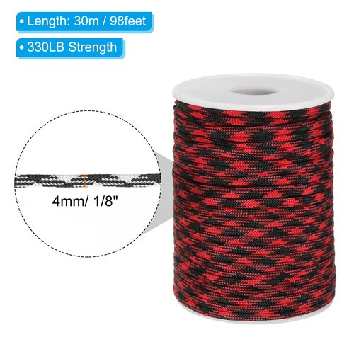 PATIKIL 100 Feet Paracord Rope 550lb, 7 Strand Parachute Cord 4mm Paracord Lanyard Spool Cord for Survival Bracelet Tent Camping, Hiking, DIY Projects, Red/Black