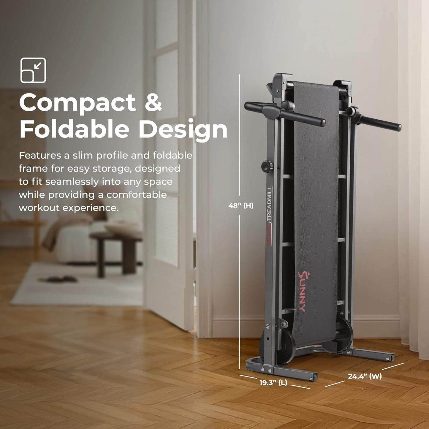Sunny Health & Fitness Compact & Foldable Treadmill, Non-Slip Surface, Optional Dual Mode Walking/Running, Non-Electric Fixed Incline, Digital Monitor, Smart Bluetooth Connection with SunnyFit App