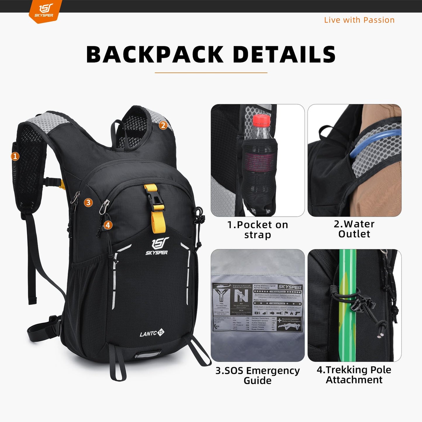 SKYSPER Small Hiking Backpack - 15L Travel Daypack Lightweight Bag Water Resistant Hiking Backpacks for Women Men