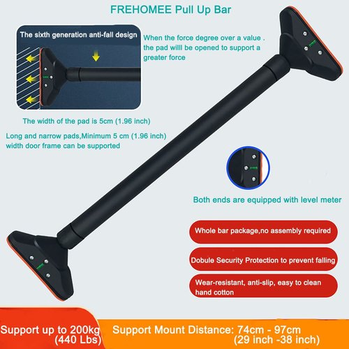 FREHOMEE Pull Up Bar for Doorway,Chin Up Bar for Body Workout,Narrow Pads,Home Gym Exercise Fitness with Level Meter and Adjustable Width (Medium 74-100cm)