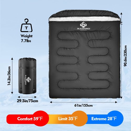 Blackpongo Double Sleeping Bag for Adults Men Women, XL Queen Size Two Person Sleeping Bag for All Season Camping Hiking Backpacking 2 Person Sleeping Bags for Cold Weather & Warm (Black)